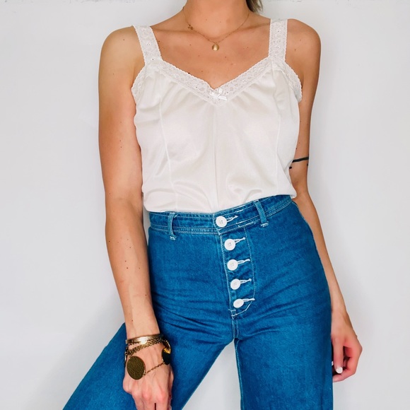 VINTAGE | Satin Lace Trim V-Neck Cami Lingerie Sleep Tank - Picture 1 of 6